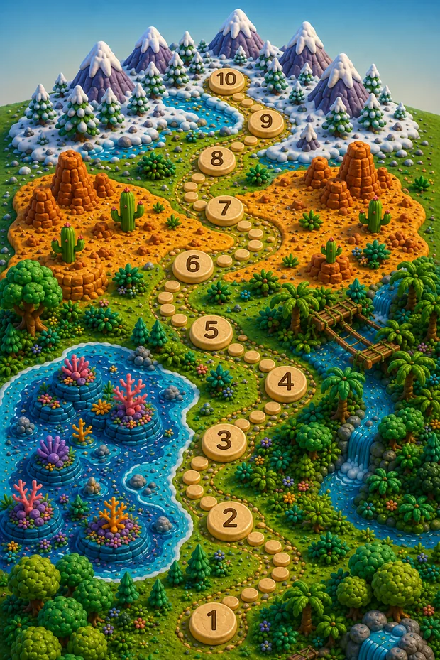 The MIMI Mysteries world map — a winding trail through forest, reef, desert and snowy peaks