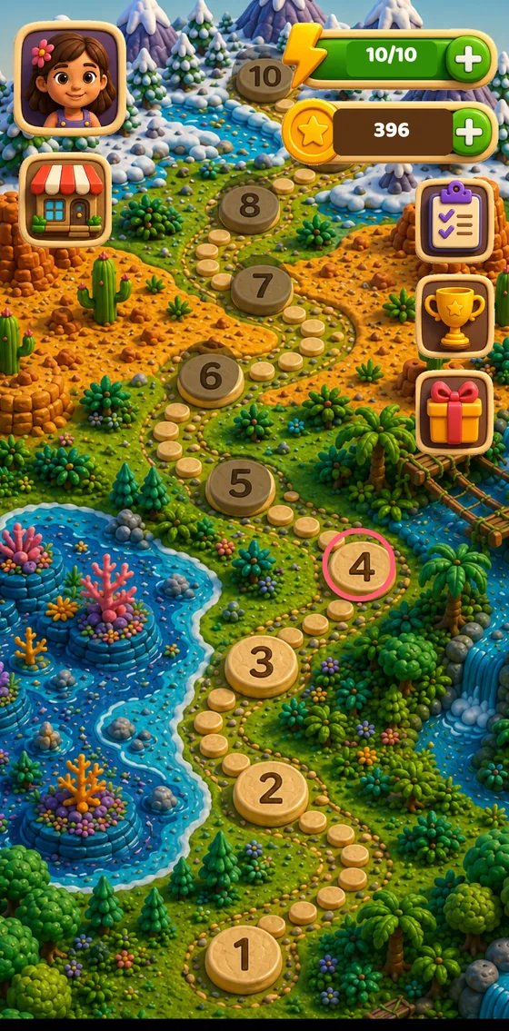 MIMI Mysteries world map with numbered levels